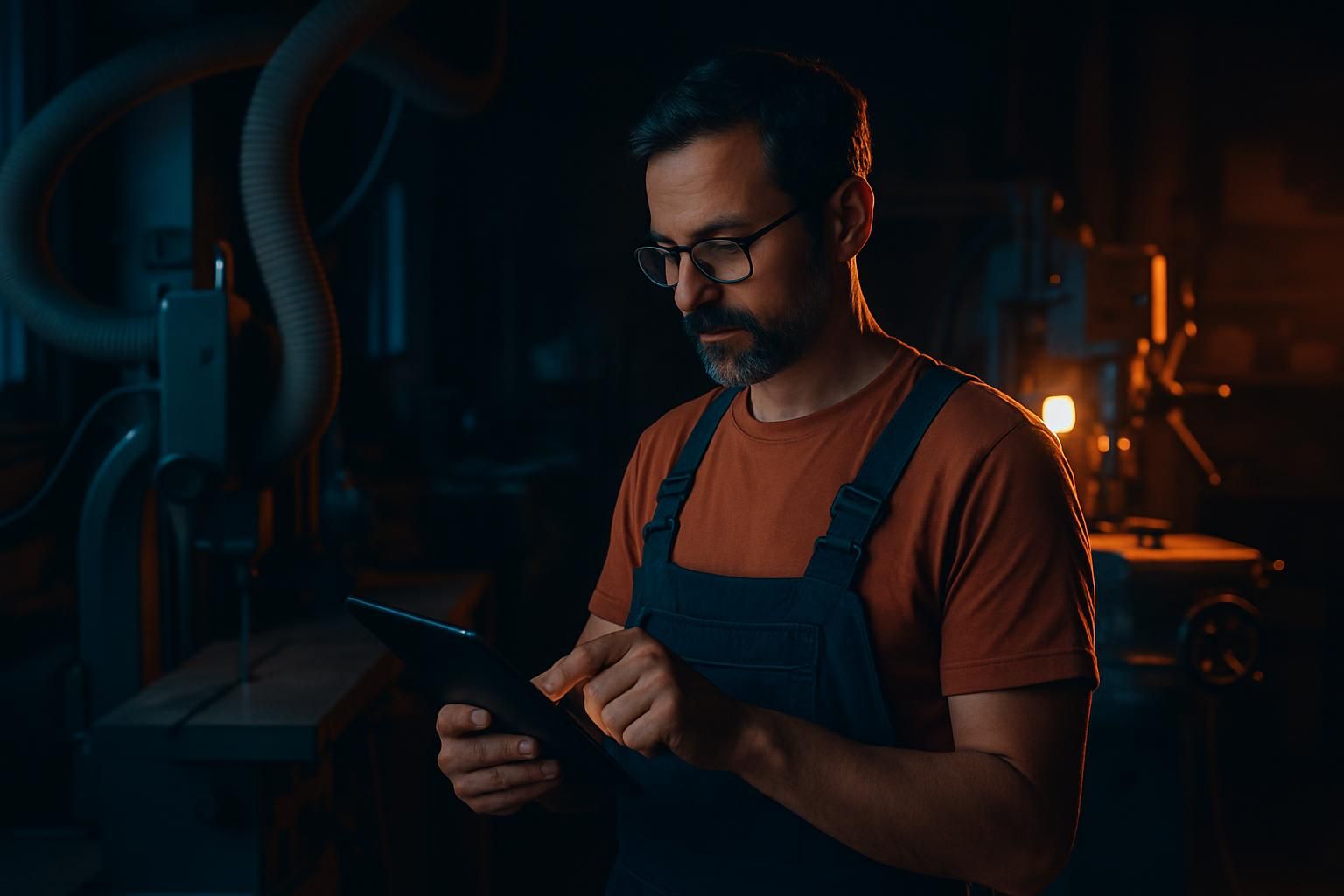 Handwerksmeister prüft einen digitalen Workflow am Tablet, während die Maschinen laufen