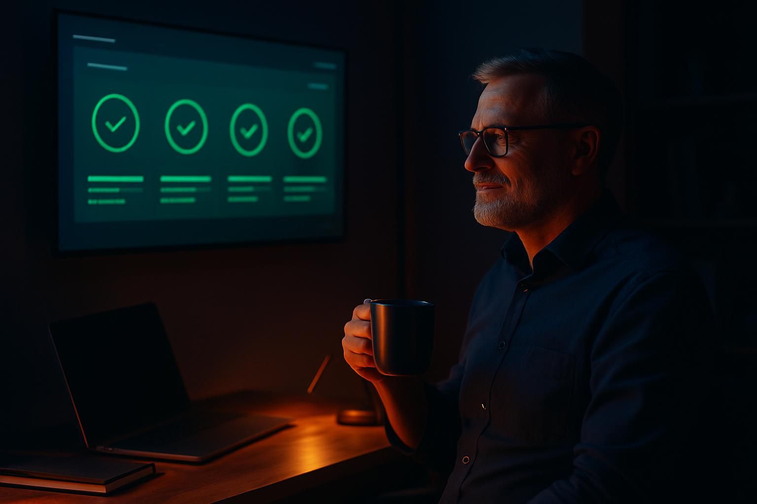 Geschäftsführer mit Kaffee vor einem durchgehend grünen IT-Status-Dashboard