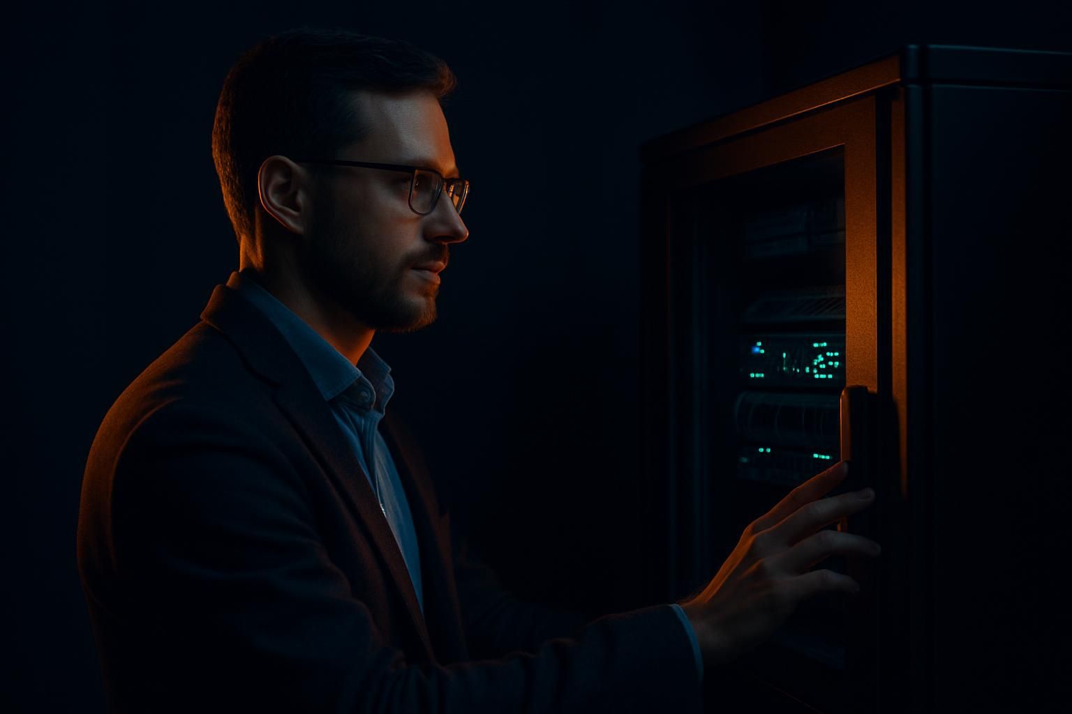 IT-Berater schließt einen kompakten Server-Schrank — Schutz und Ordnung